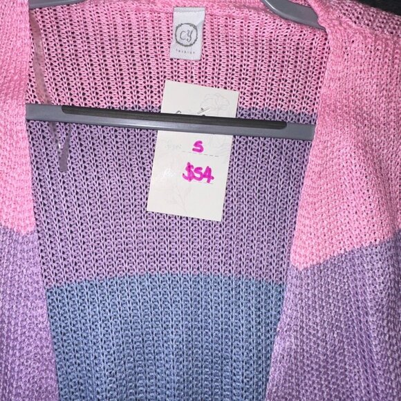 Pastel Rainbow Knit Long Sleeve Cardigan Lightweight Spring Pockets Colorblock - Picture 10 of 16